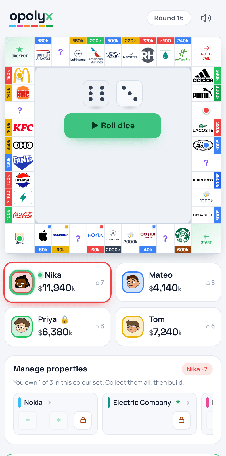 opolyx auf dem Handy: Logo und Rundenzähler, das Brett mit seinen Preisstreifen, die vier Spielerkarten und darunter das Feld zum Verwalten der Grundstücke mit den Bauknöpfen.