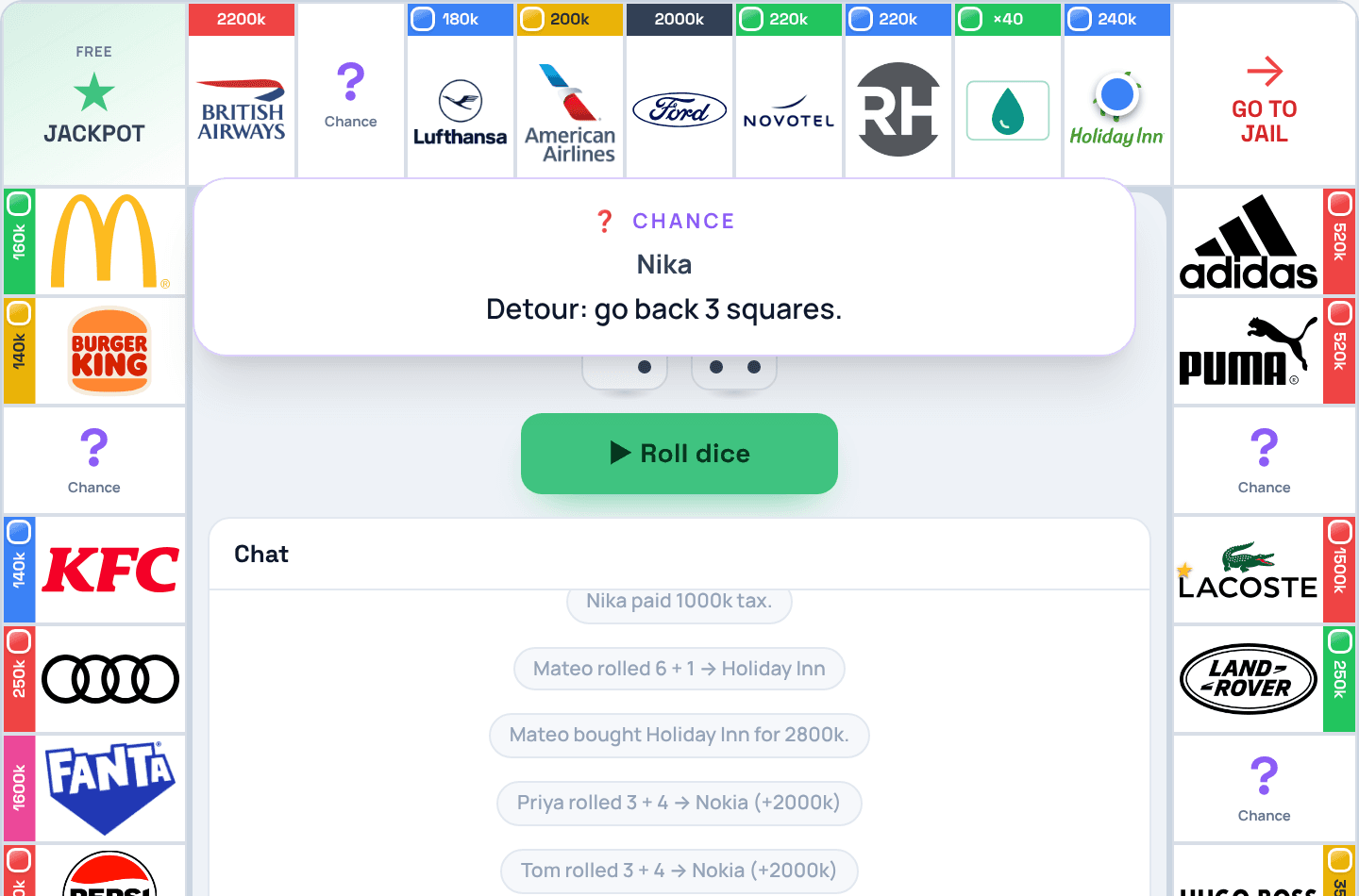 A Chance card drawn on the board, reading “Detour: go back 3 squares”
