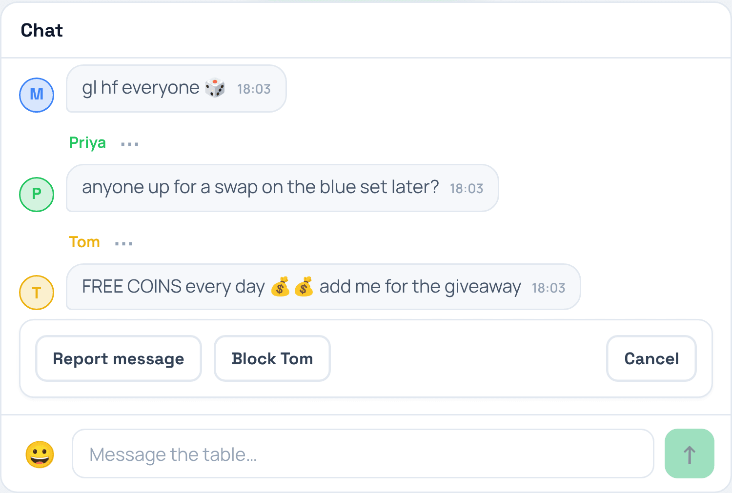 A chat at a game table: a spam message offering “FREE COINS”, and under it the new menu with Report message and Block buttons.
