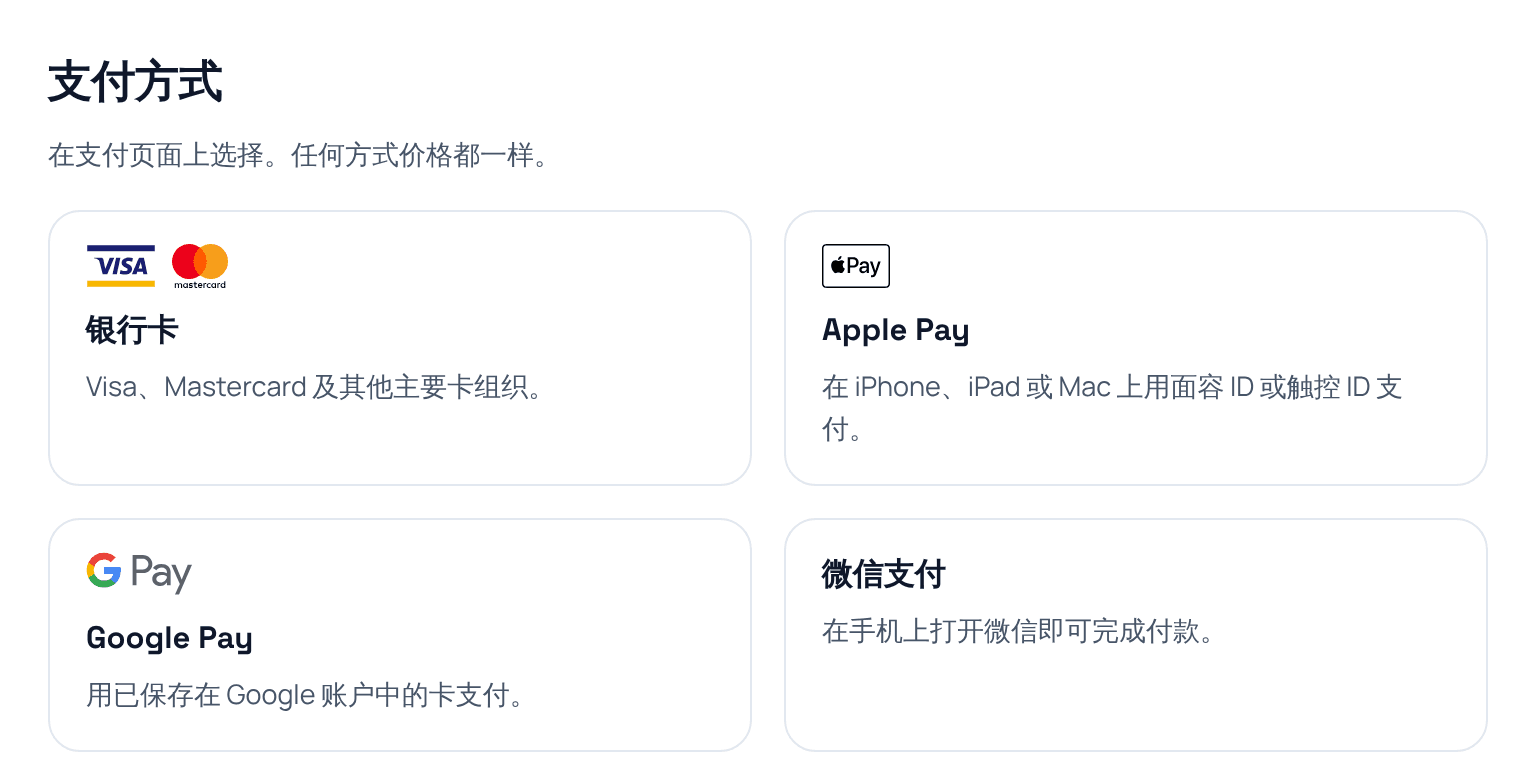The ways-to-pay tiles on the Simplified Chinese VIP page, WeChat Pay among them