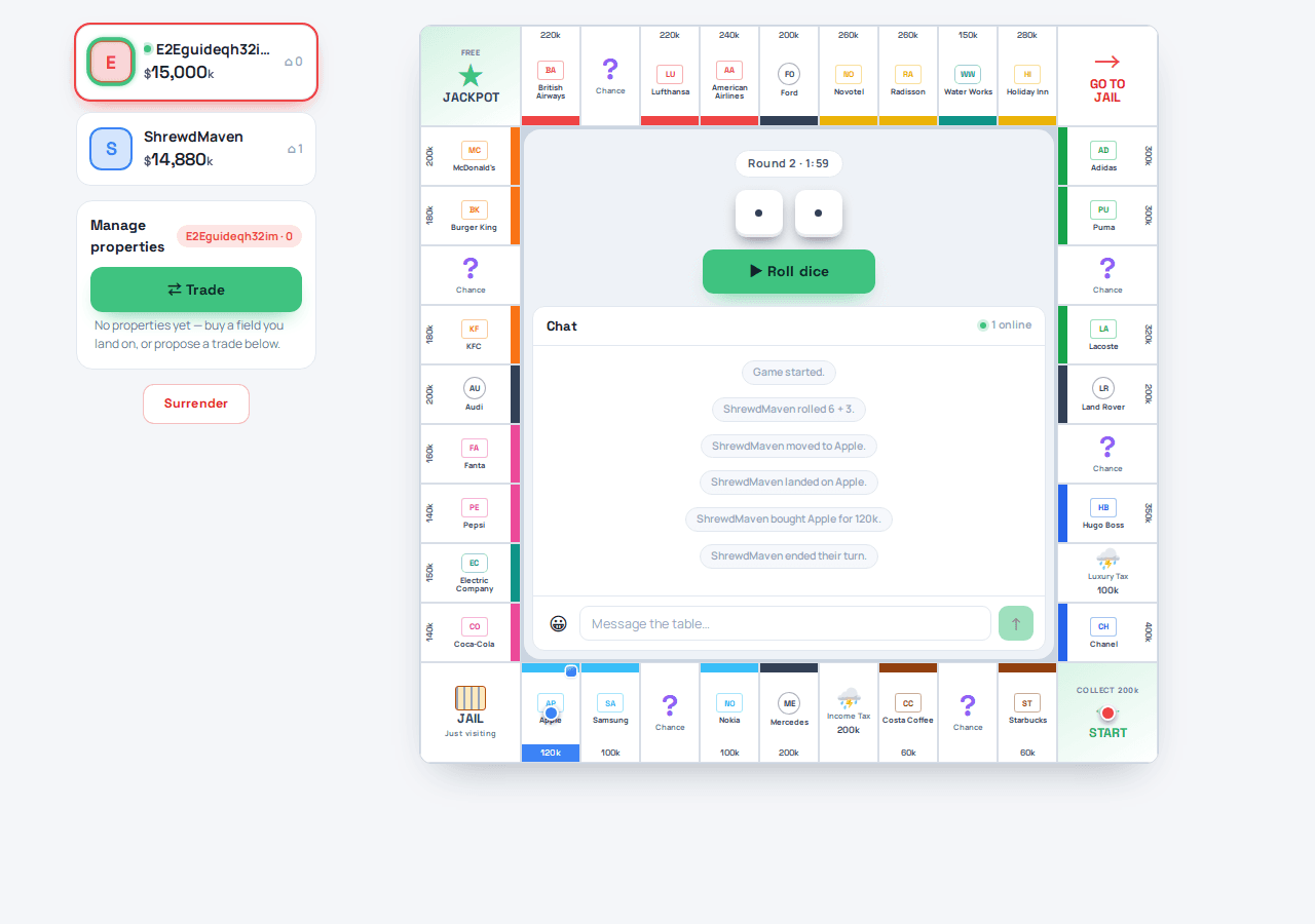 The live board — your token, owned properties, and the action panel.