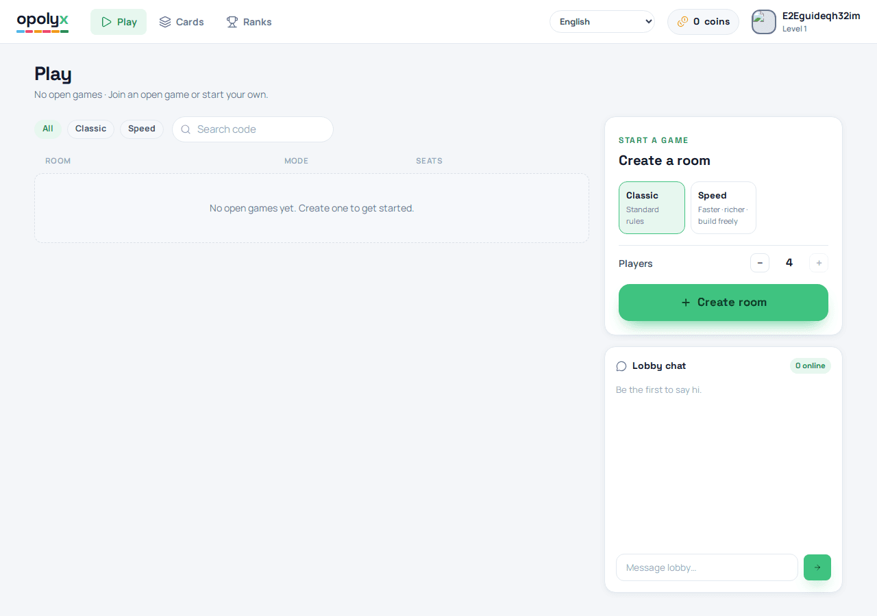 The lobby — create a game, pick a mode, or add a bot.