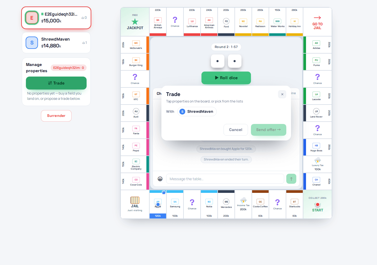 Build a trade — pick a partner and balance both sides.