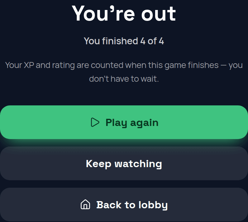 The screen shown to a knocked-out player, with the place they finished and a button to play again