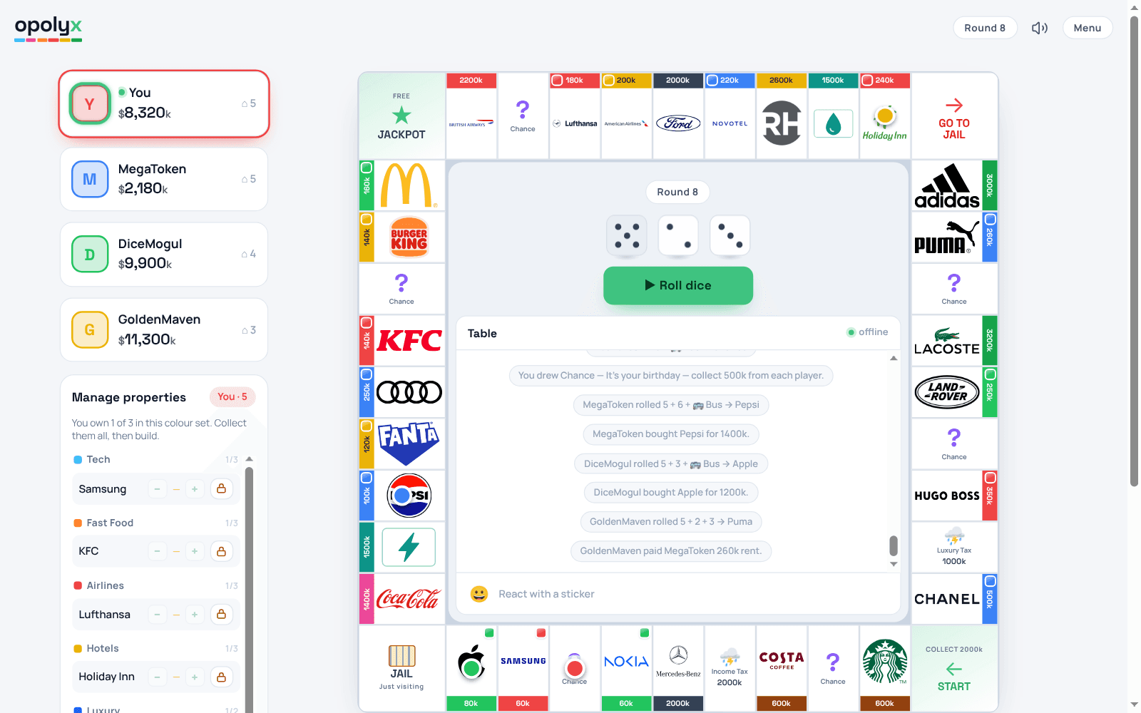 Das Offline-Spiel in einem Chrome-Tab: das ganze Brett, in der Mitte das Spielprotokoll.