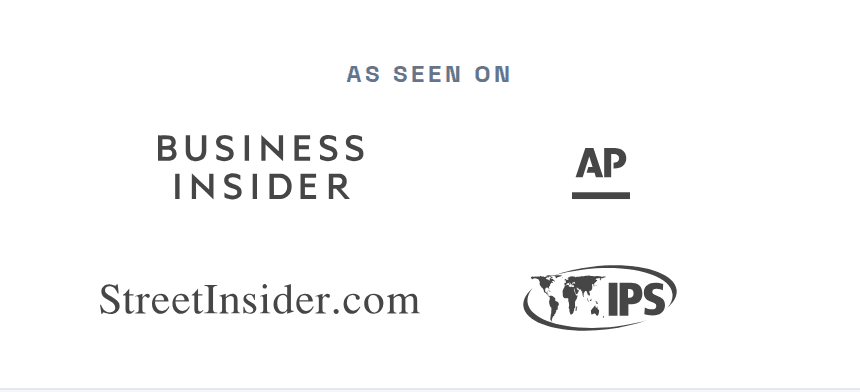 The opolyx homepage strip headed “As seen on”, showing the Business Insider, AP News, StreetInsider and Inter Press Service logos.
