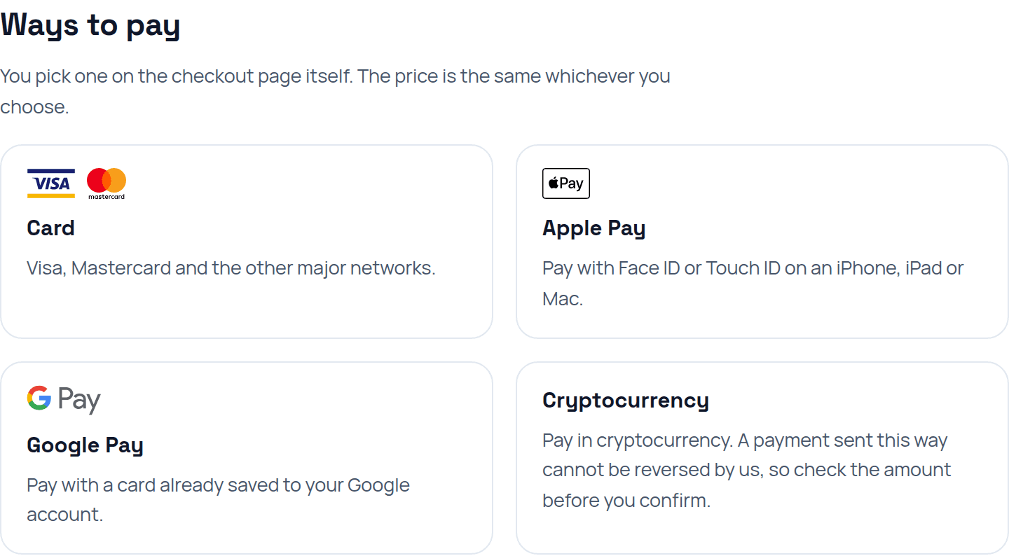 The four ways to pay for VIP on opolyx: card, Apple Pay, Google Pay and crypto