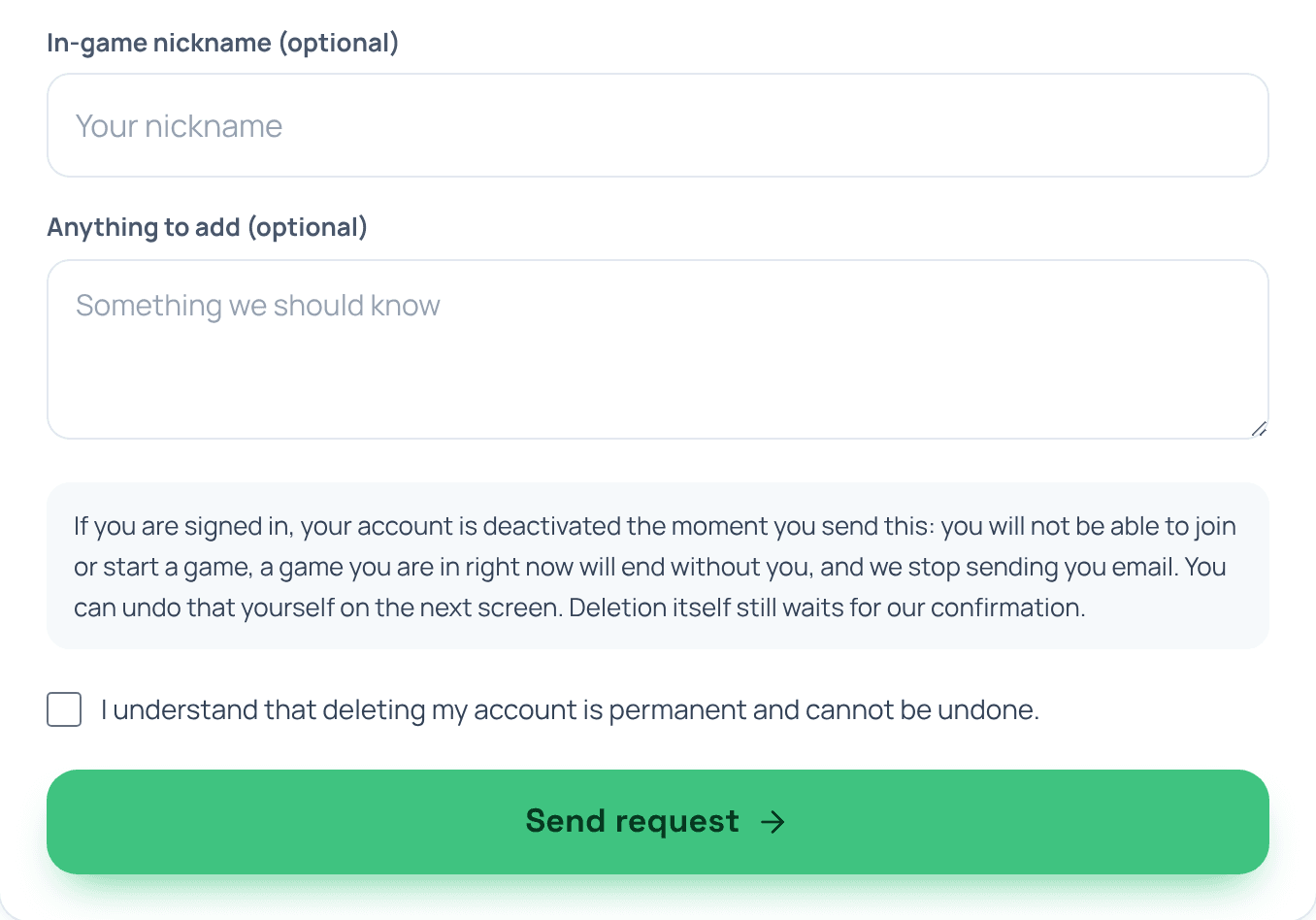 The account deletion form, with a warning above the checkbox that the account is deactivated as soon as it is sent